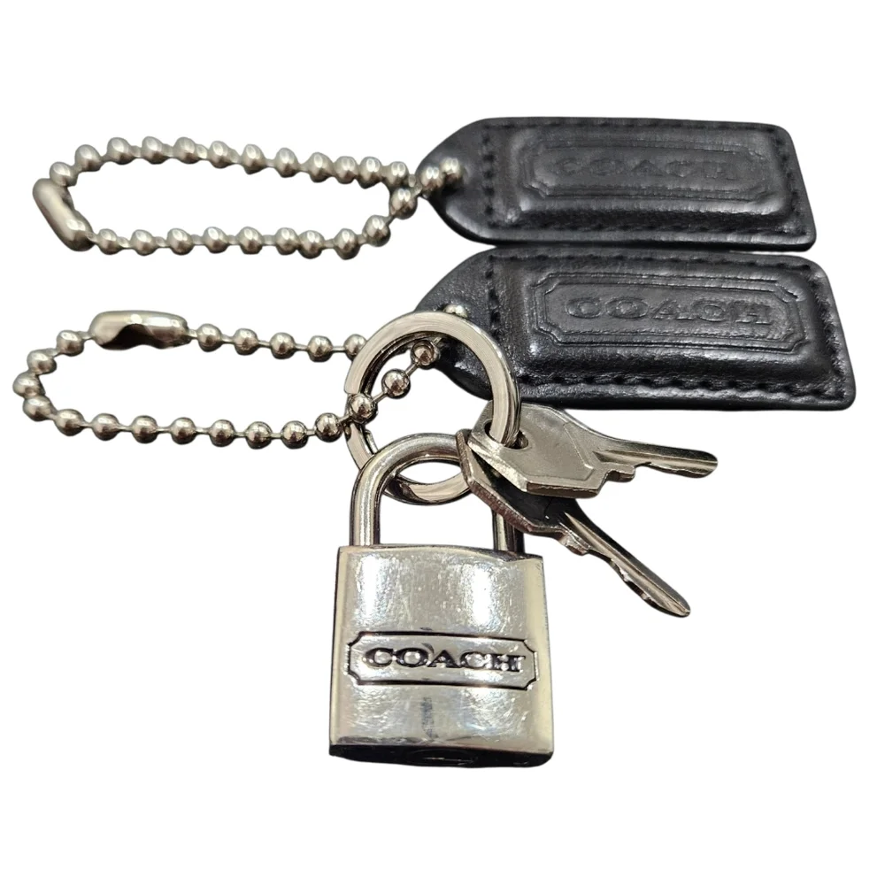 COACH set 2 leather tags Lock 2 keys black silver Vintage VGUC hang keychain